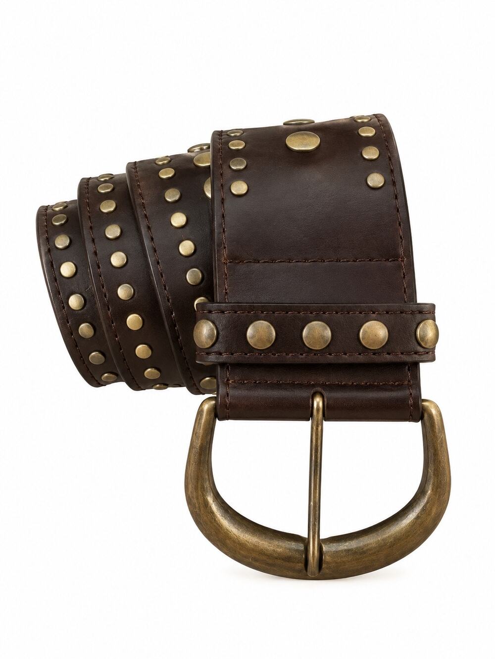 Vintage Y2K Brown Leather Extra Wide Studded Belt Antique Brass Oversized Buckle